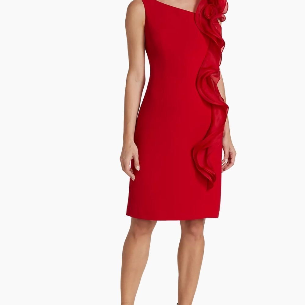 Rickie Freeman for Teri Jon One-Shoulder Rosette Cocktail Silk Dress red 4 nwt